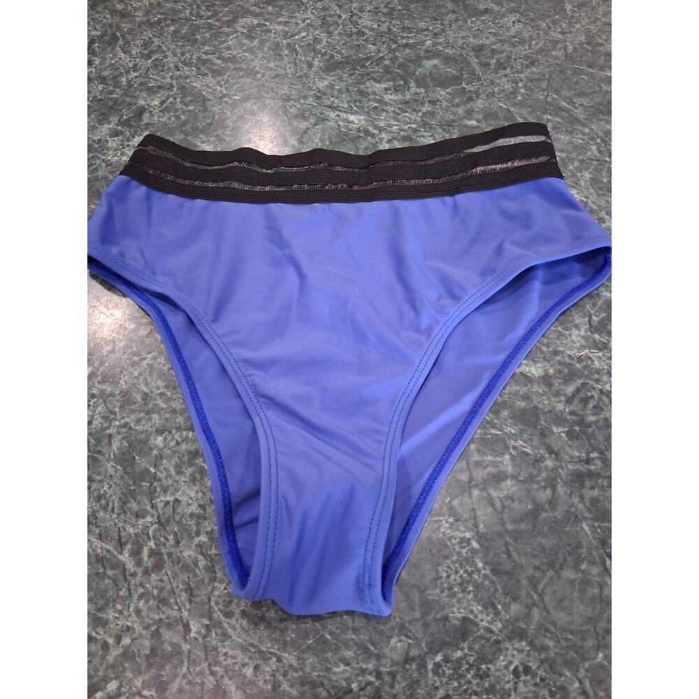 baleaf High Waisted Highcut Periwinkle Blue Bikini Bottom Sz 36 M Mesh Stripes